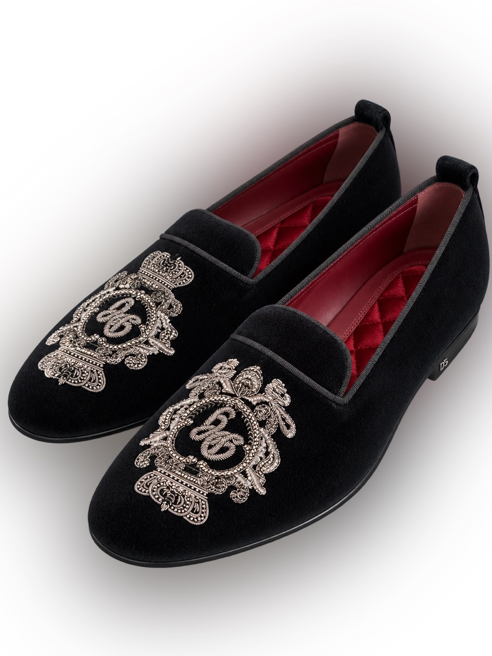Dolce & Gabbana Black Velvet Embroidered Slip-On Loafers with Red Interior